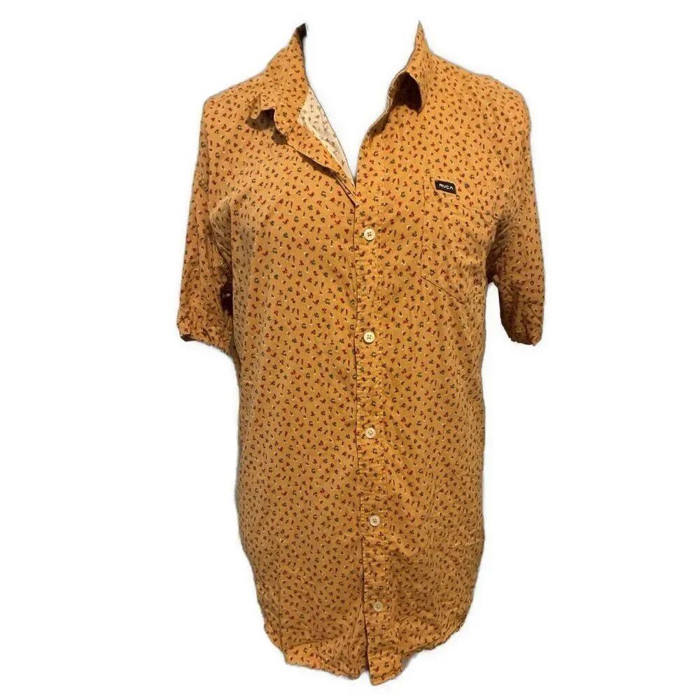 Rvca Men’s Amber Yellow Red Floral Short Sleeve Button Down Shirt Xl